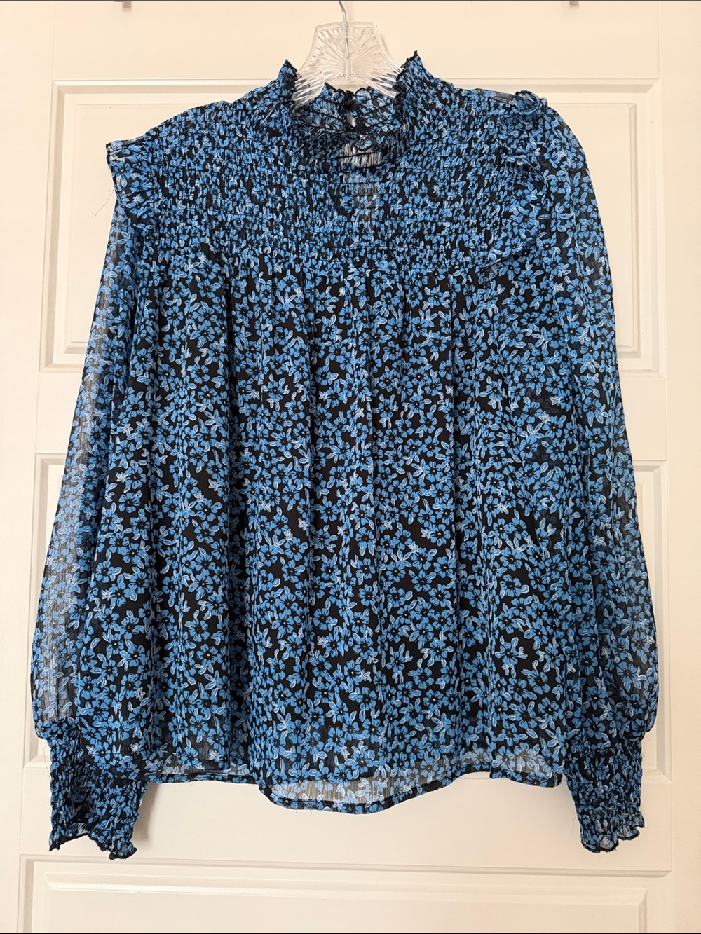 Blue Floral Smocked Neck Blouse - Women